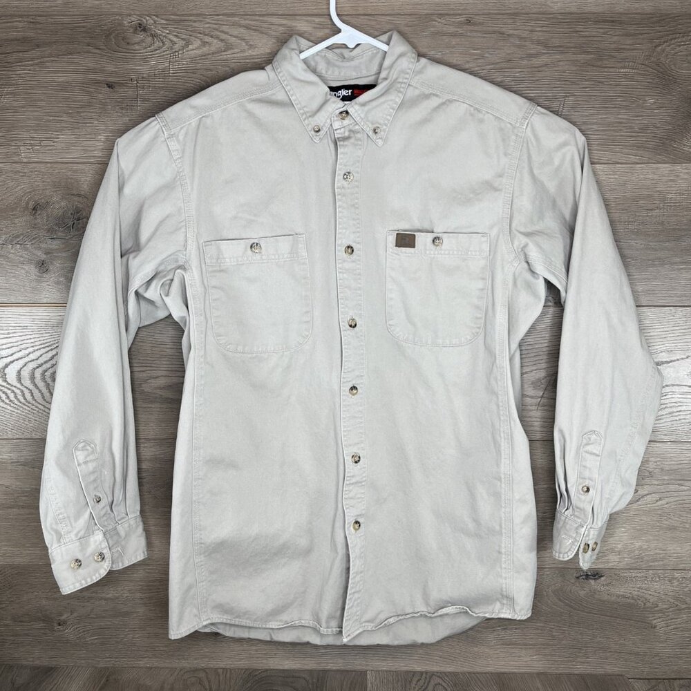 Wrangler Riggs Workwear Button Down Shirt Mens Large Button Up Pocket Tan Sand - Picture 2 of 8